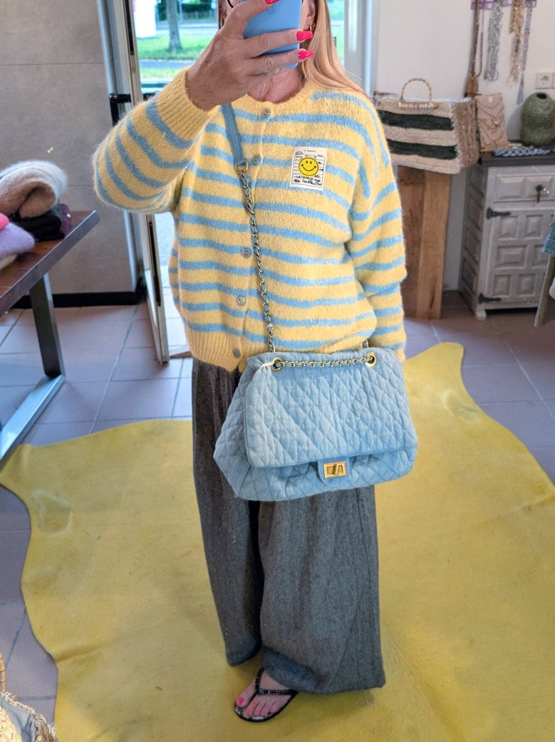 Tasche Jeanstasche im Chanel Stil mit Goldkette in Hellblau gesteppt Cross-Body PH4059