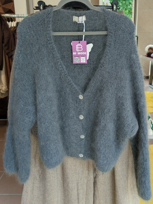 Cardigan Strickjacke Mohair 80% Grau mit glitzernden Silberknöpfen One Size 30030