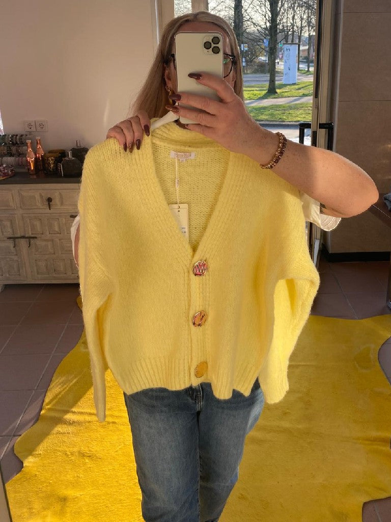 Cardigan Strickjacke Gelb mit Goldknöpfen Feinstrick One Size SC233348 - von EFFENY