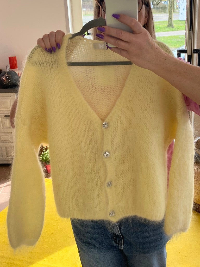 Cardigan Strickjacke Mohair 80% Gelb mit glitzernden Silberknöpfen One Size 30030