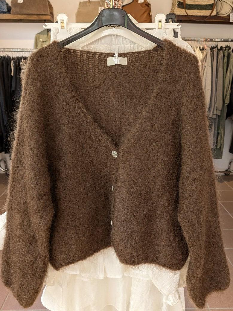 Cardigan Strickjacke Mohair 80% Kaffee Braun mit glitzernden Silberknöpfen One Size 30030