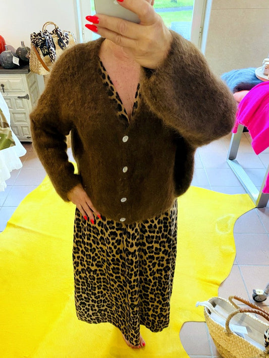 Cardigan Strickjacke Mohair 80% Kaffee Braun mit glitzernden Silberknöpfen One Size 30030