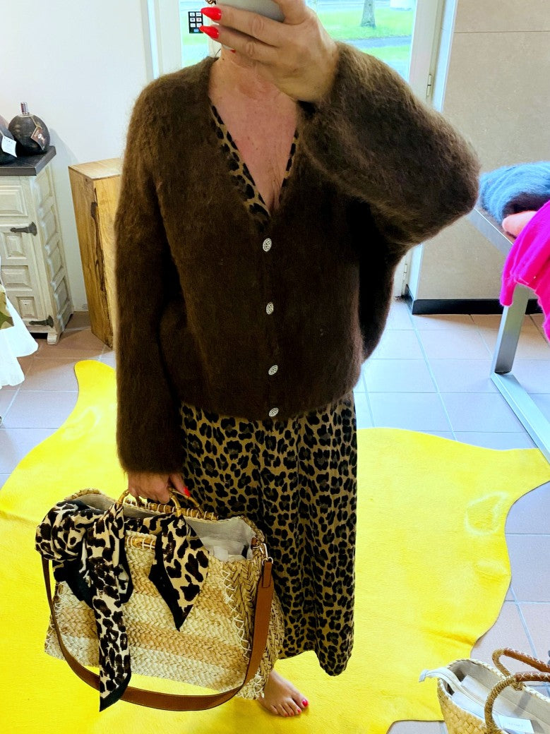 Cardigan Strickjacke Mohair 80% Kaffee Braun mit glitzernden Silberknöpfen One Size 30030