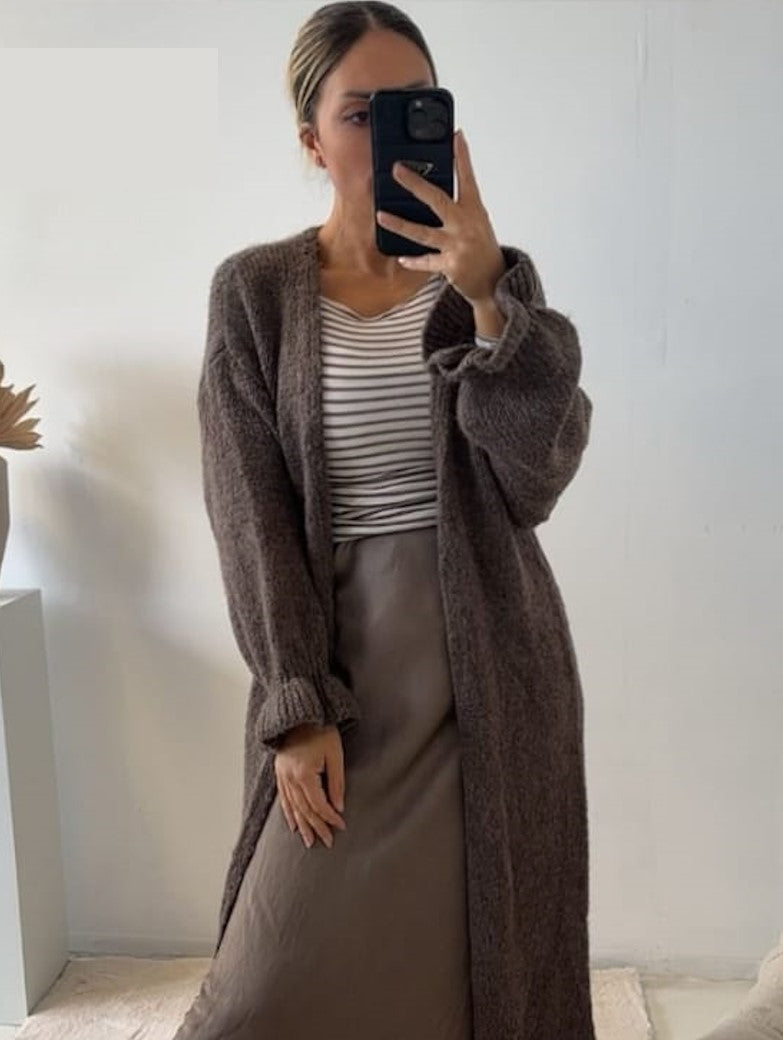 Cardigan Strickjacke Lang Offen Taupe One Size - von BELIEVE 1699