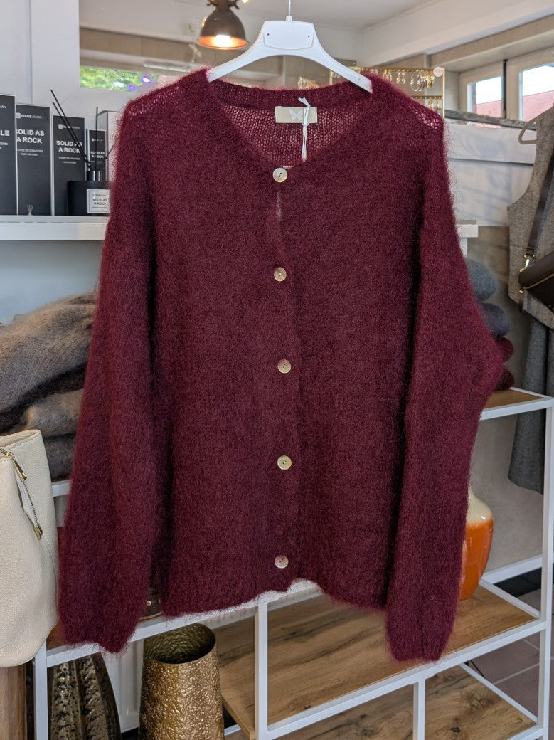 Cardigan Strickjacke Mohair 80% Weinrot Bordeaux Rot mit Perlmuttknöpfen One Size 24220