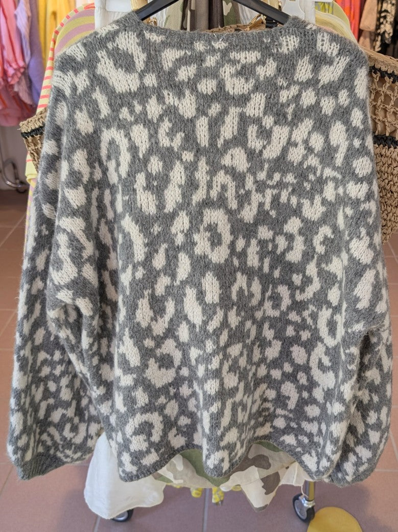 Cardigan Strickjacke Schleifen in Hellgrau mit Leo Muster in Weiß One Size 508072