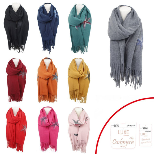 Winter Damen Schal Cashmera » Fransenschal Soft Feeling » Winterschal 180x72 cm » Damenschal mit Blume