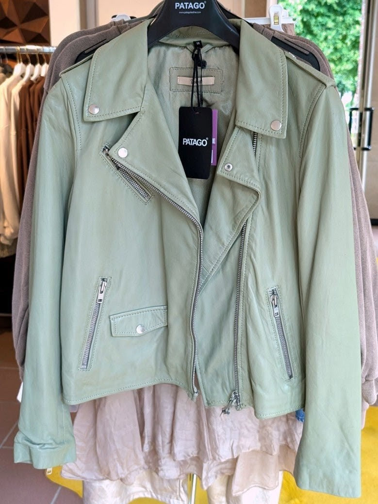 Exklusive Damen Bikerjacke Lederjacke weiches Leder in Salbeigrün helles Khaki - Echtleder PATAGO