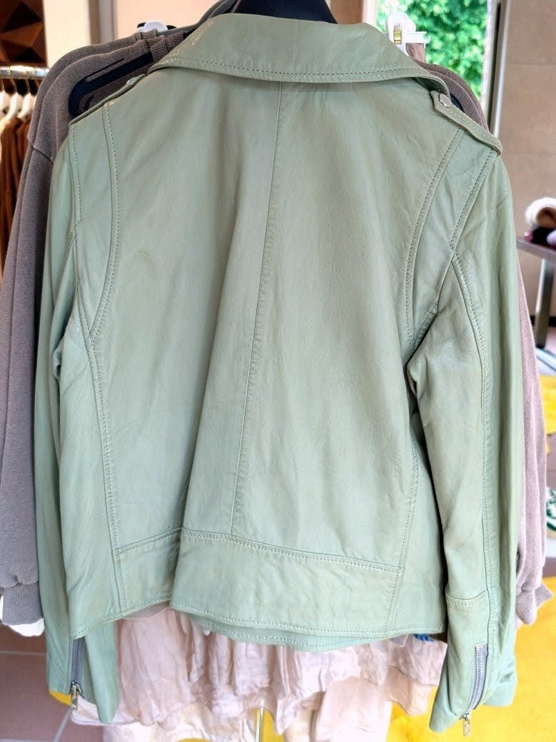 Exklusive Damen Bikerjacke Lederjacke weiches Leder in Salbeigrün helles Khaki - Echtleder PATAGO
