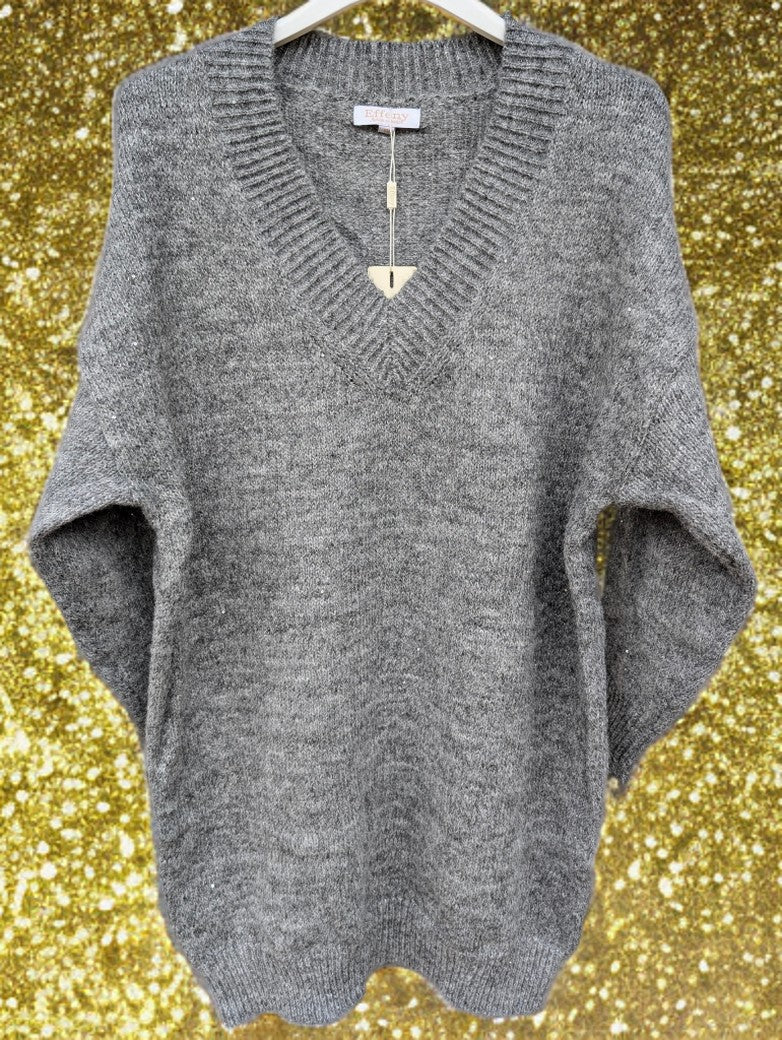 Feinstrick Maxi Pullover / Kleidpullover Hellgrau 50% Viskose 50% Nylon One Size - Effeny