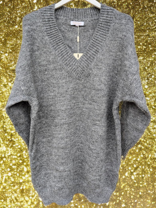 Feinstrick Maxi Pullover / Kleidpullover Hellgrau 50% Viskose 50% Nylon One Size - Effeny