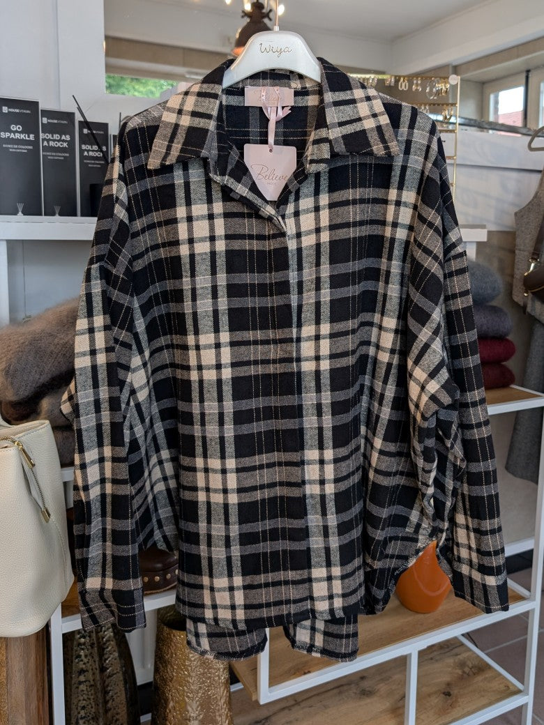 Flanellhemd flauschig dick im Karo Design Schwarz Créme Grau Blau, One Size - von Believe