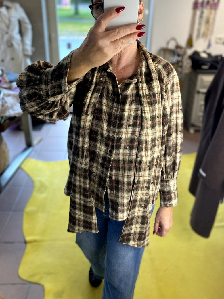 Flanellhemd flauschig mit Schluppe Schleife im Karo Design Beige Braun Grün, One Size - von BLU ROYAL H4257-C36