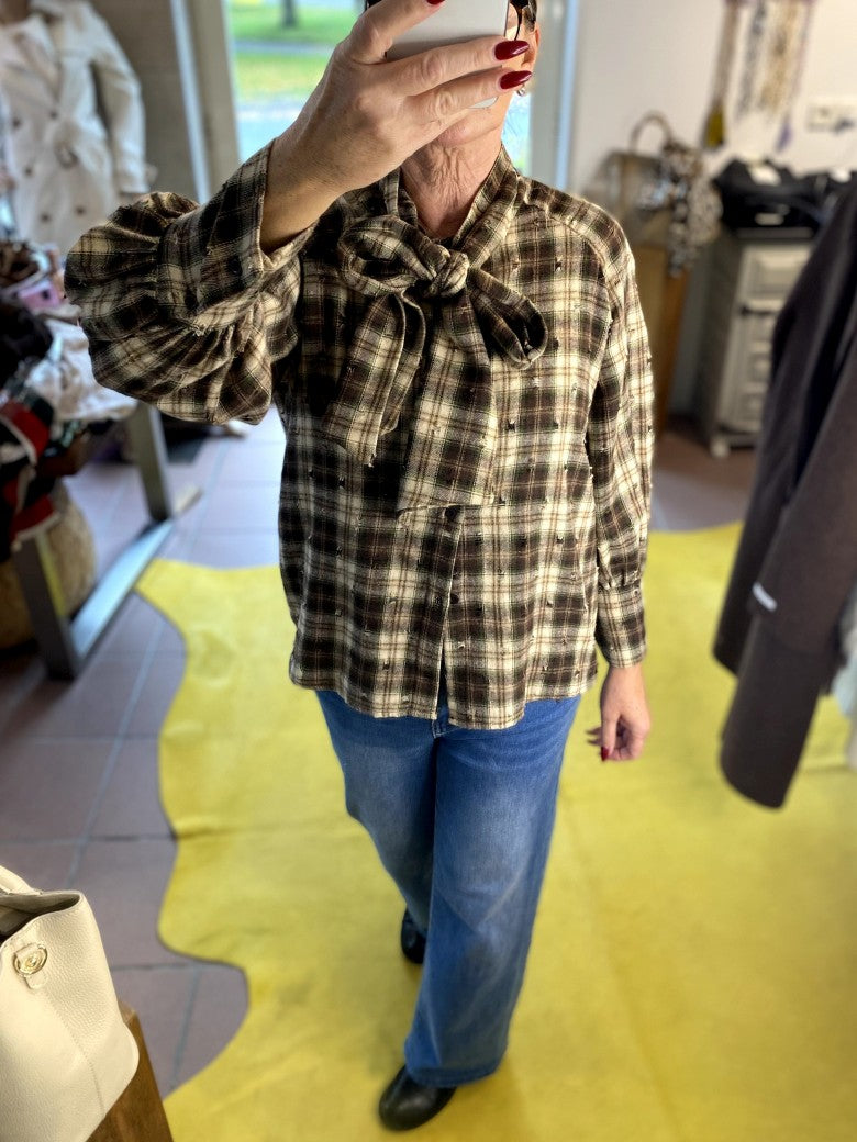 Flanellhemd flauschig mit Schluppe Schleife im Karo Design Beige Braun Grün, One Size - von BLU ROYAL H4257-C36