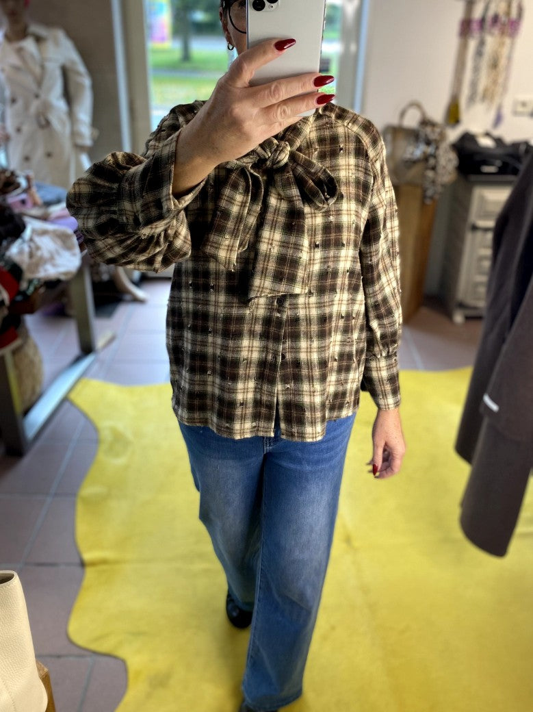 Flanellhemd flauschig mit Schluppe Schleife im Karo Design Beige Braun Grün, One Size - von BLU ROYAL H4257-C36