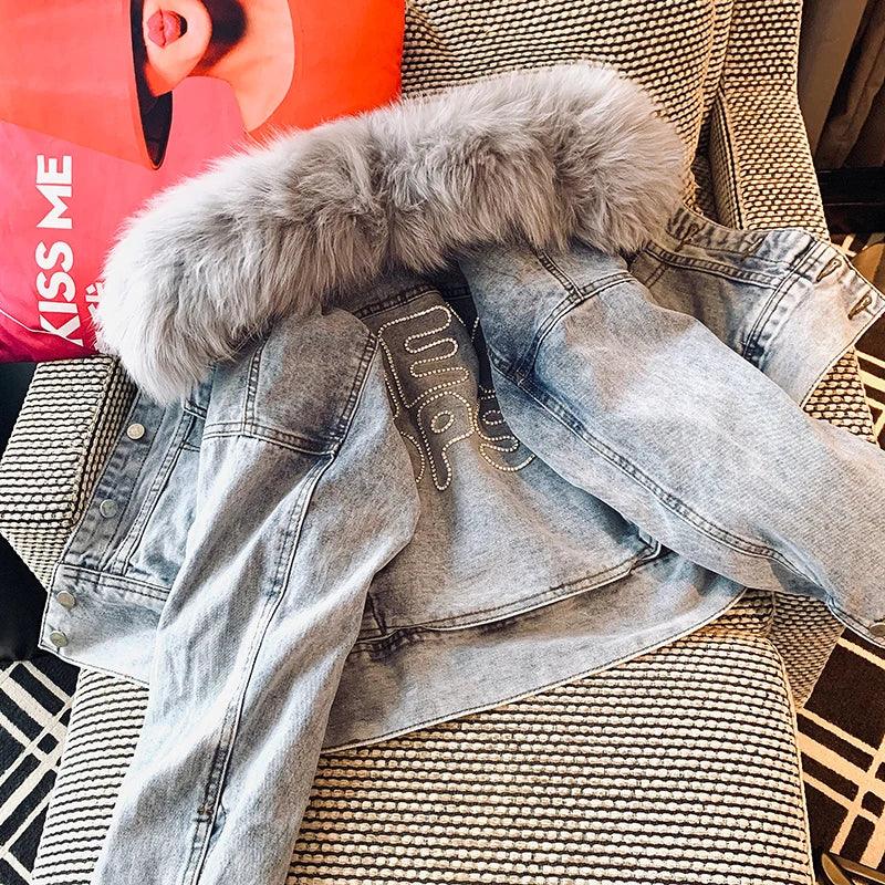 Real Fox fur thick warm denim parkas female winter coat