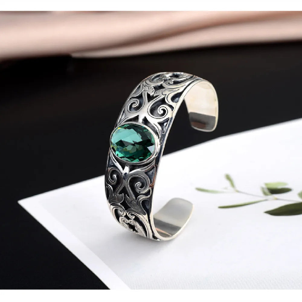925 sterling silver vine totem charm with green crystal  handcrafted bangle gift