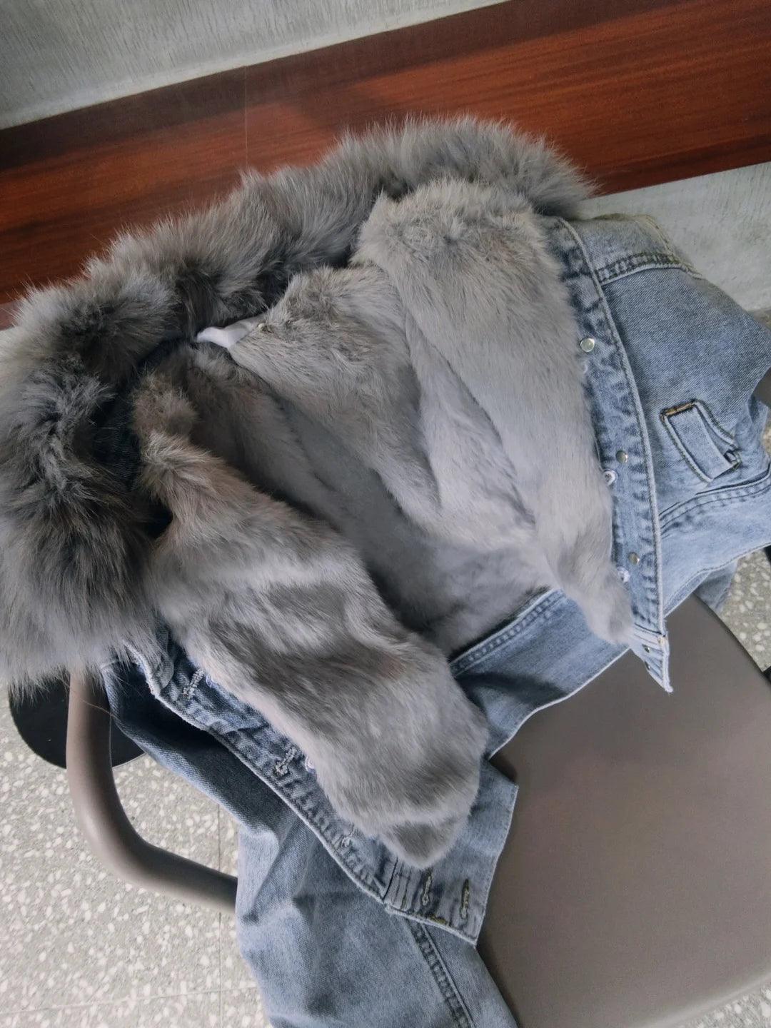 Real Fox fur thick warm denim parkas female winter coat