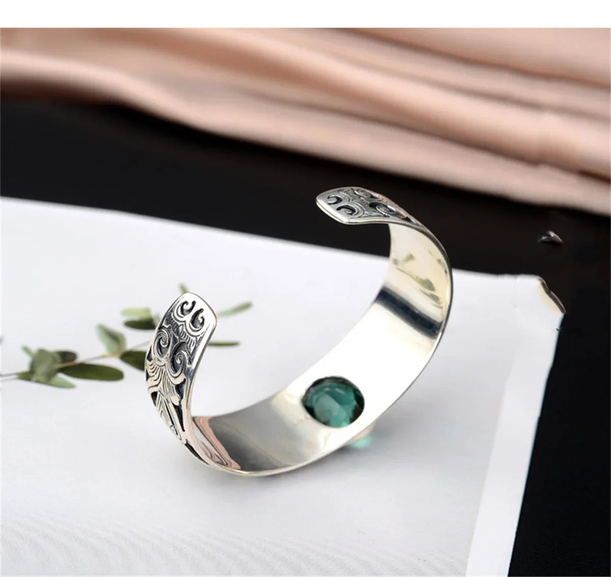 925 sterling silver vine totem charm with green crystal  handcrafted bangle gift
