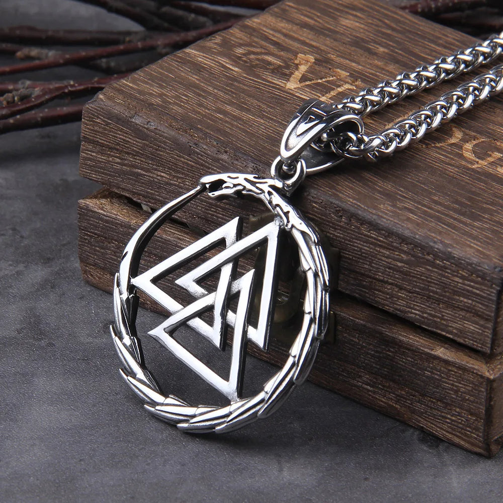Viking dragon ouroboros necklace stainless steel valknut pendant