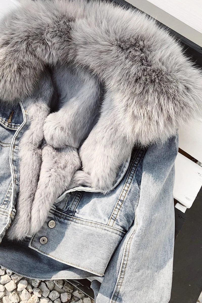 Real Fox fur thick warm denim parkas female winter coat