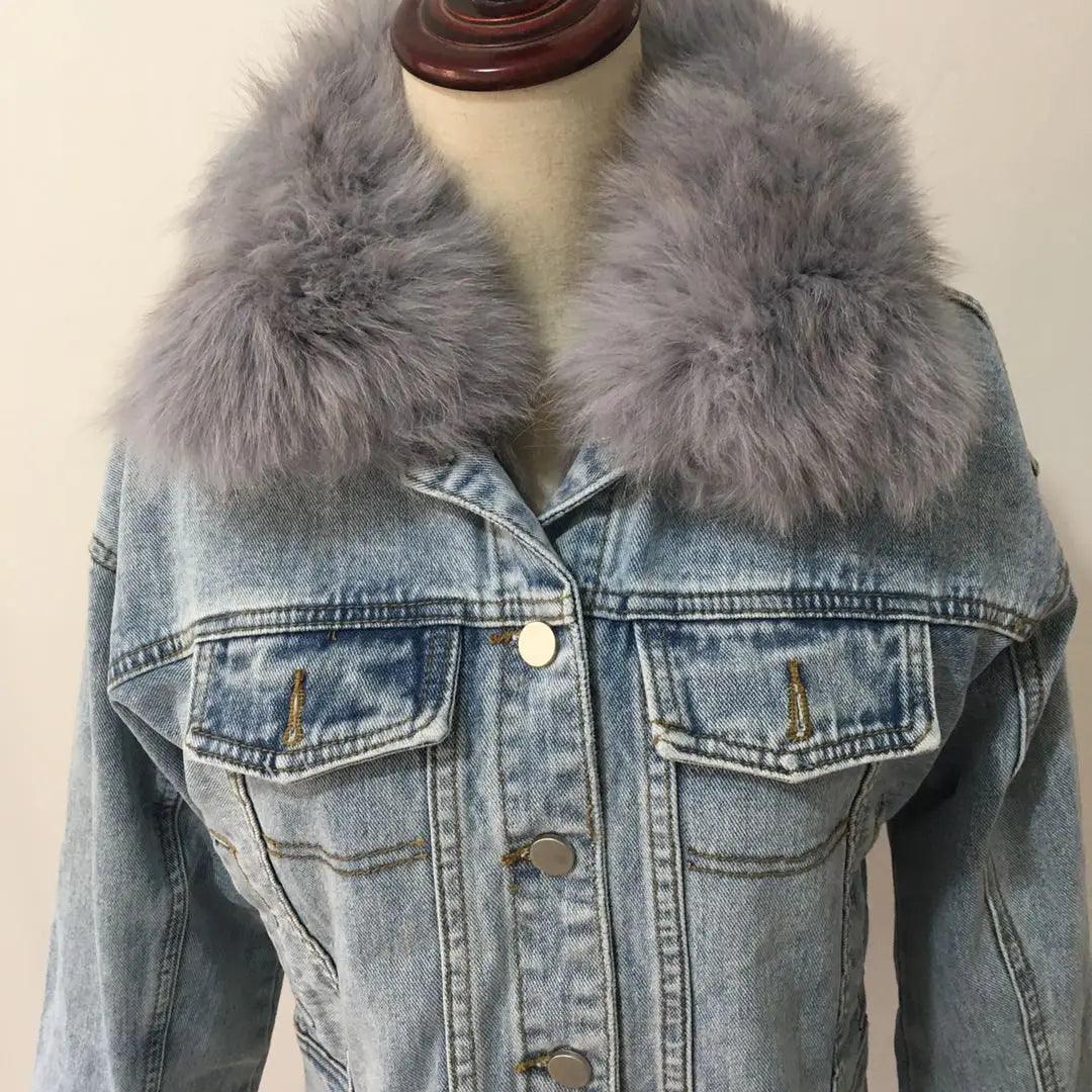 Real Fox fur thick warm denim parkas female winter coat