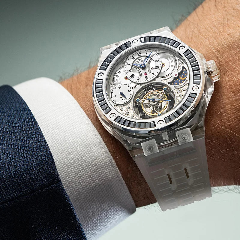 GMT Haofa tourbillon timepiece k9 crystal body sapphire lens day night feature watch