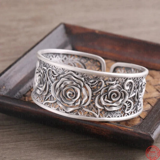 Handcrafted s999 sterling silver rose filigree bangle wide bracelet unique artisan design