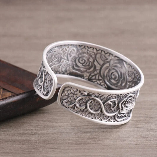 Handcrafted s999 sterling silver rose filigree bangle wide bracelet unique artisan design