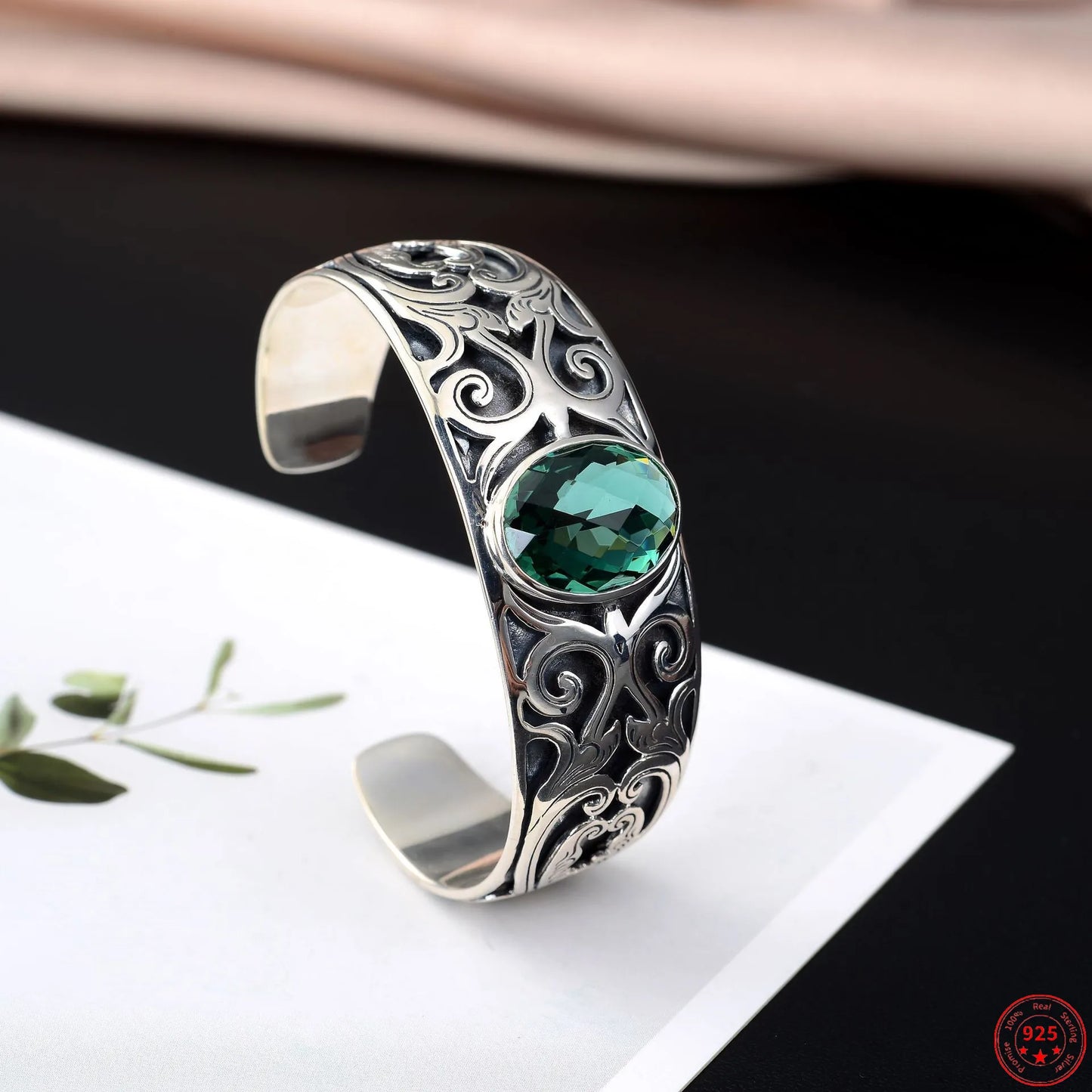 925 sterling silver vine totem charm with green crystal  handcrafted bangle gift