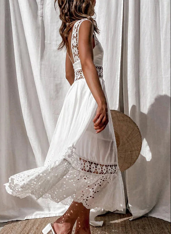 Boho style girl dress white cotton lace sleeveless long summer
