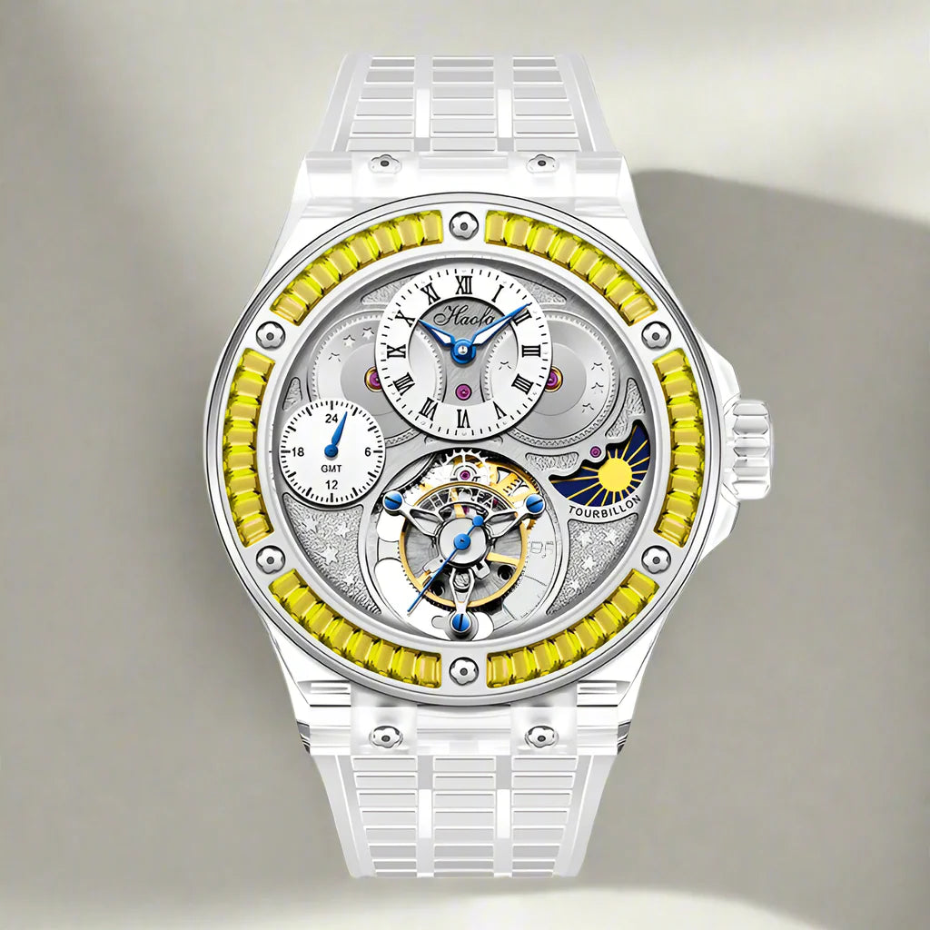 GMT Haofa tourbillon timepiece k9 crystal body sapphire lens day night feature watch