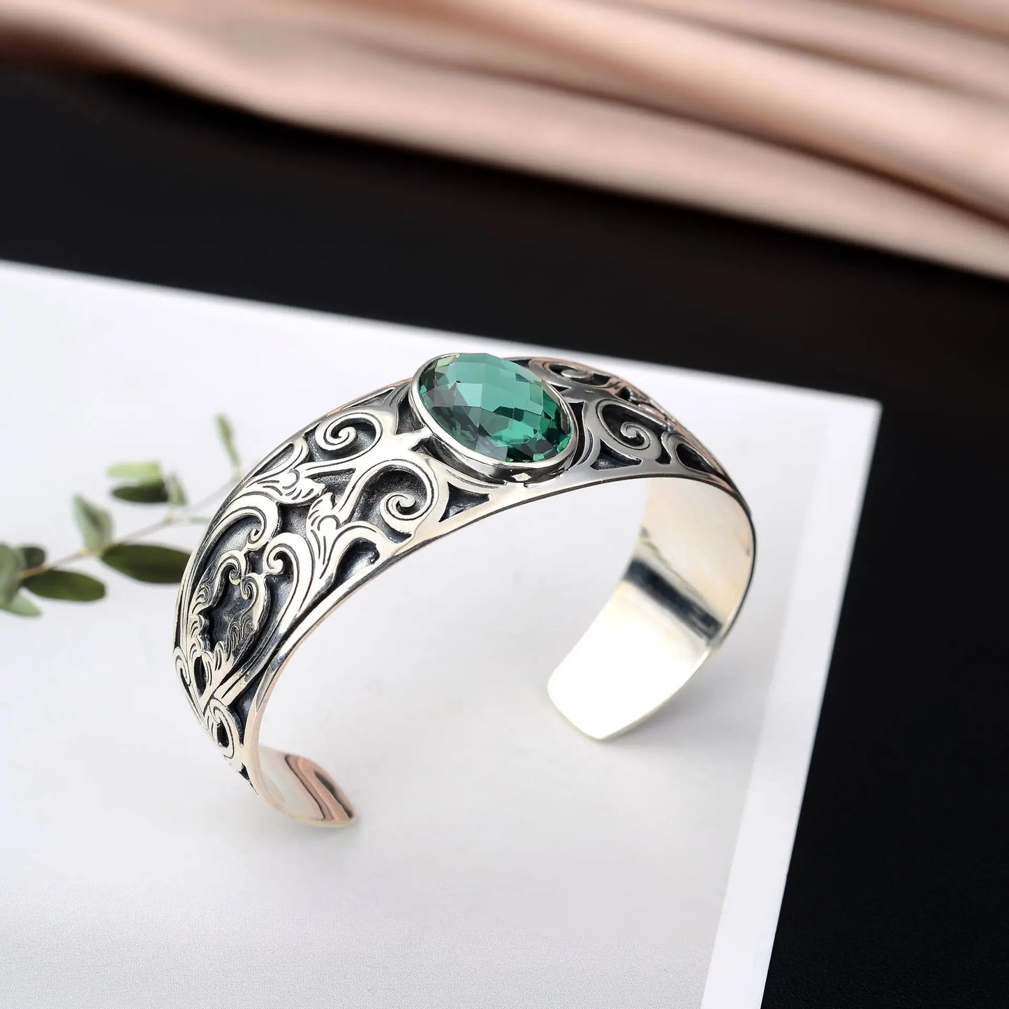 925 sterling silver vine totem charm with green crystal  handcrafted bangle gift