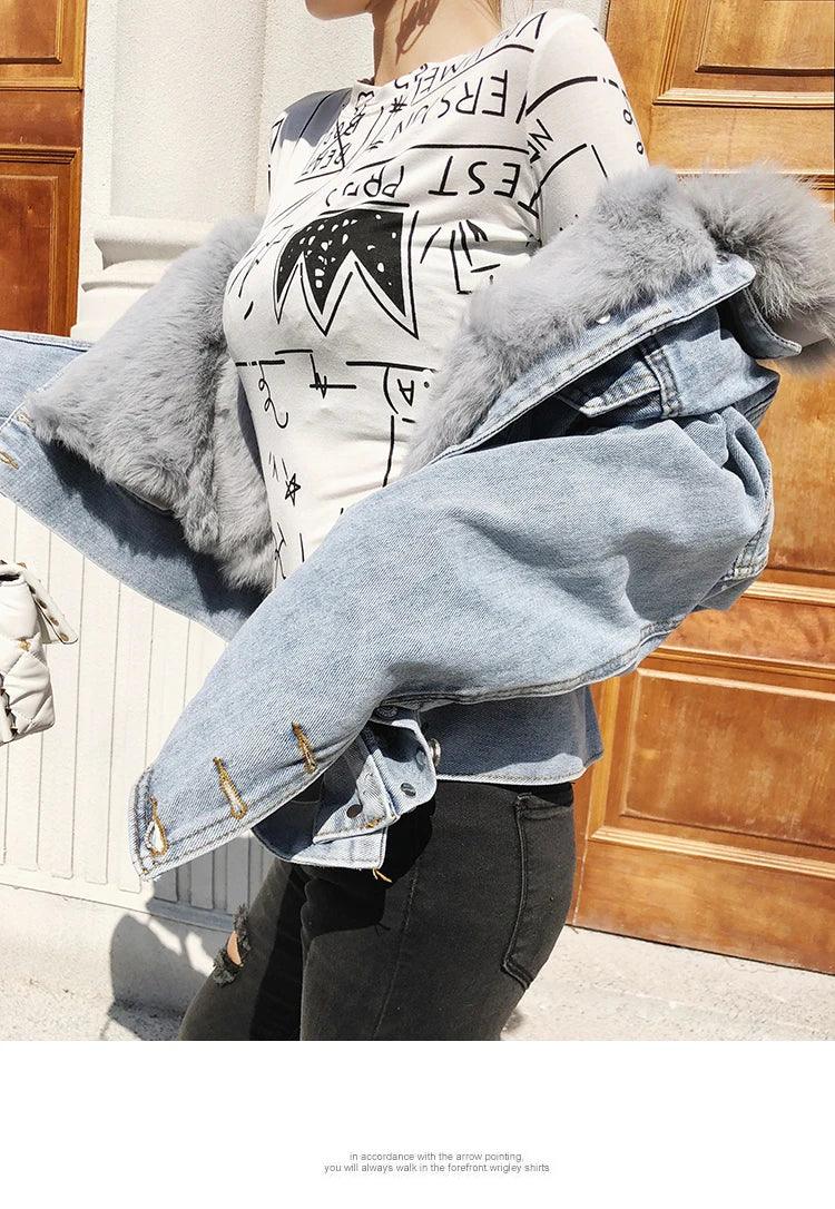 Real Fox fur thick warm denim parkas female winter coat
