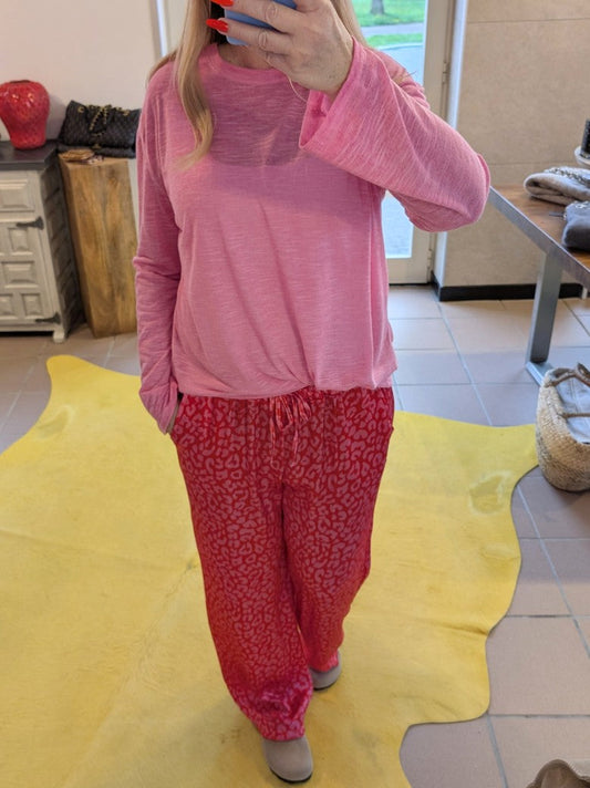 Hose aus Satin Viskose mit Leo Muster in Rot Pink One Size 02906