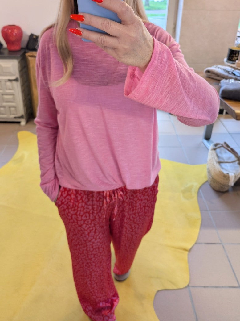 Hose aus Satin Viskose mit Leo Muster in Rot Pink One Size 02906