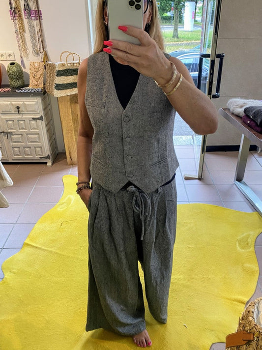 Hose Tweed Look Marlene Pants Wide Leg Hellgrau Grau S/M M/L - von GIOYA MD7371