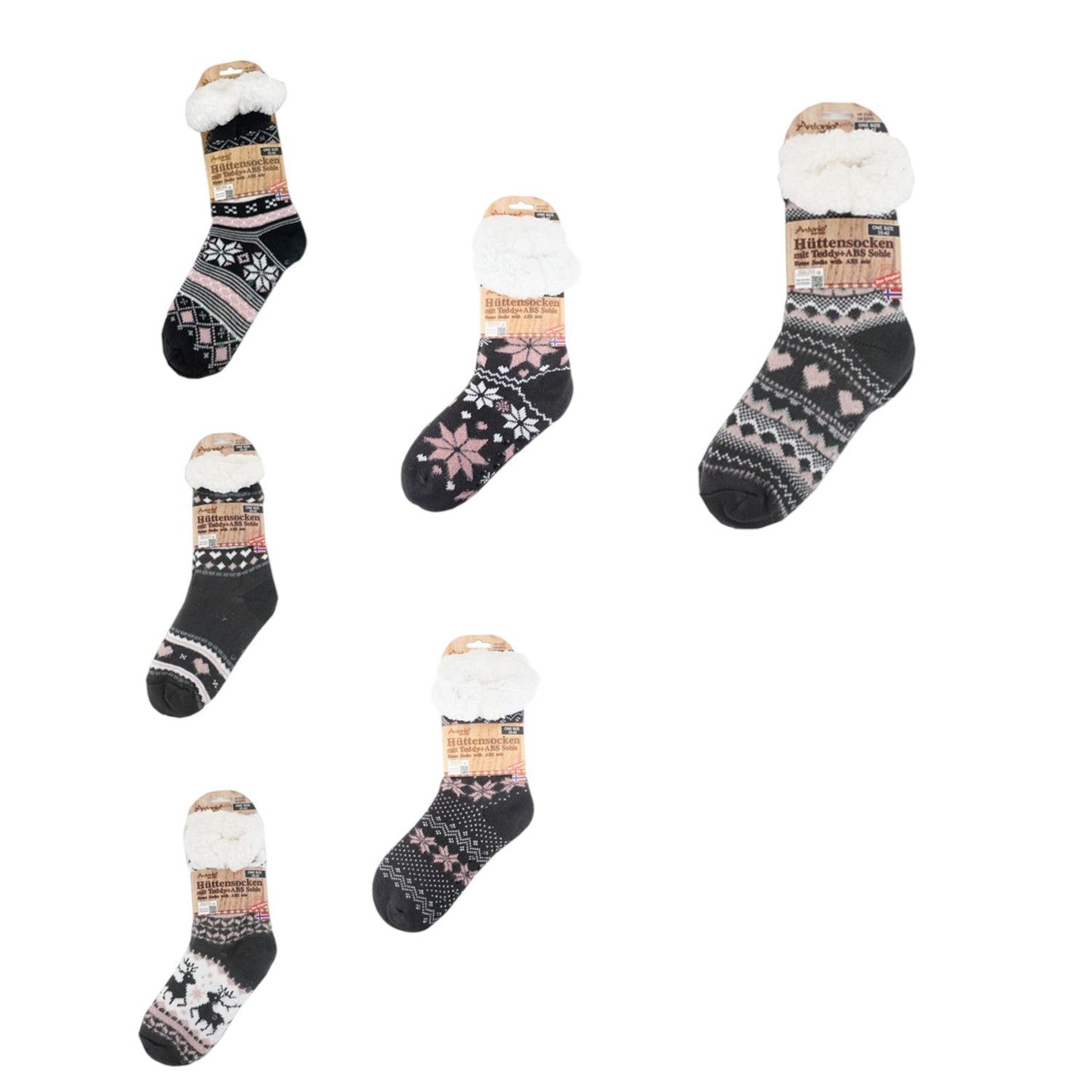 Hüttensocken » Kuschelsocken » Anti Rutsch Socke » Winter Hausschuhe » Strick Fleece in grau/rosa/weiß