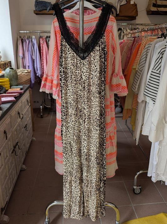 Jumper mit Leo Muster Beige Braun Schwarz mit Spitze, 100% Viskose, One Size (36-40)