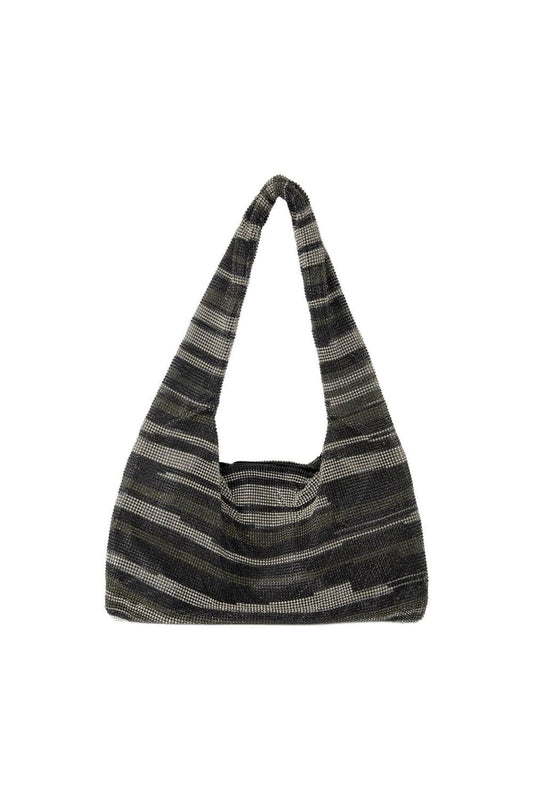 Crystal Mesh Armpit Hobo Bag - Kara - Black Stripes - Strass