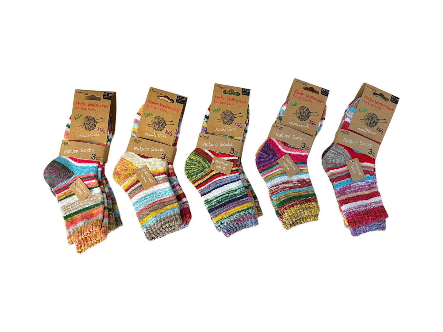 Kinder Wollsocken 3er Pack » 3 Paar bunt geringelte Strümpfe » Kinderstrümpfe Nature Socks » Wintersocken für Kinder