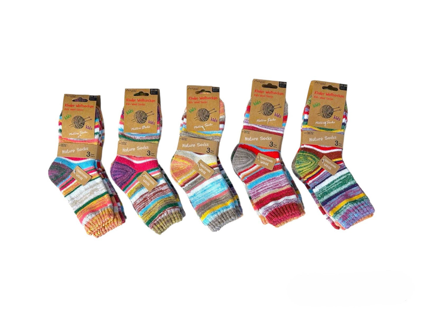 Kinder Wollsocken 3er Pack » 3 Paar bunt geringelte Strümpfe » Kinderstrümpfe Nature Socks » Wintersocken für Kinder