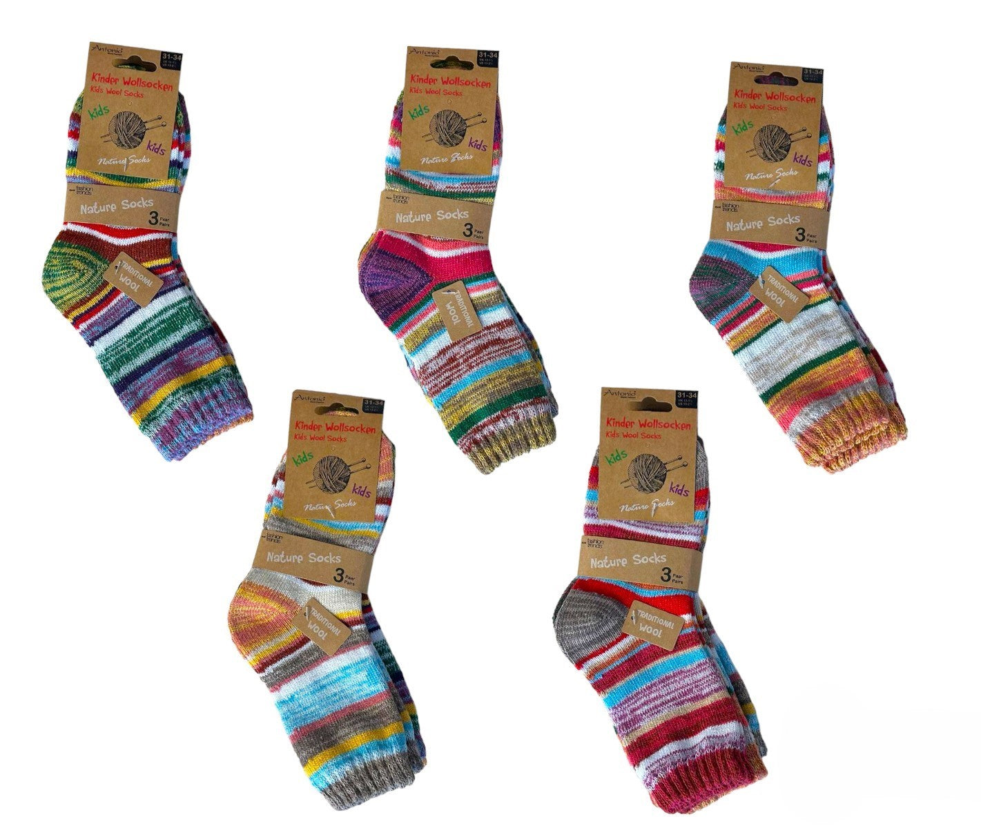 Kinder Wollsocken 3er Pack » 3 Paar bunt geringelte Strümpfe » Kinderstrümpfe Nature Socks » Wintersocken für Kinder