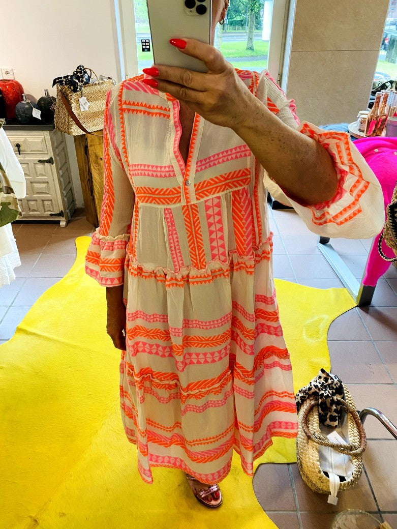 Kleid BOHO Maxi mit Muster in Créme und Rosa Pink Neon Orange Baumwolle 3/4 Arm, One Size 04418