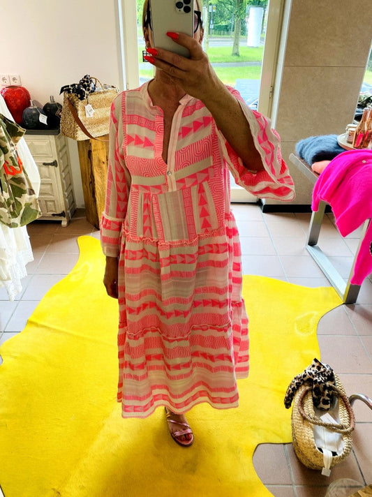 Kleid BOHO Maxi mit Muster in Créme und Rosa Pink Baumwolle 3/4 Arm, One Size 04418