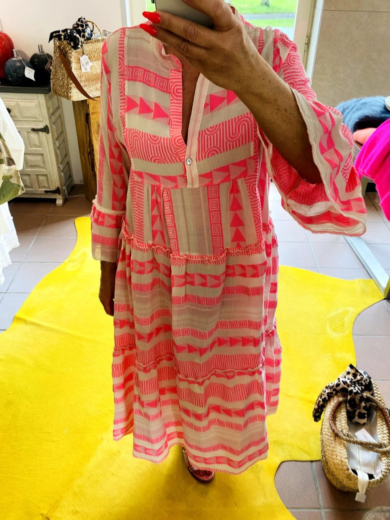 Kleid BOHO Maxi mit Muster in Créme und Rosa Pink Baumwolle 3/4 Arm, One Size 04418