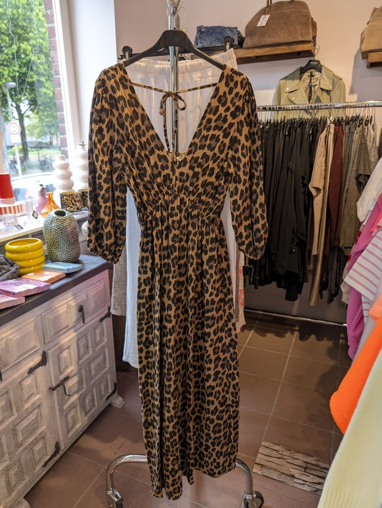 Kleid Maxi Mousselin Leo Muster in Braun Schwarz 3/4 Arm, One Size 02987