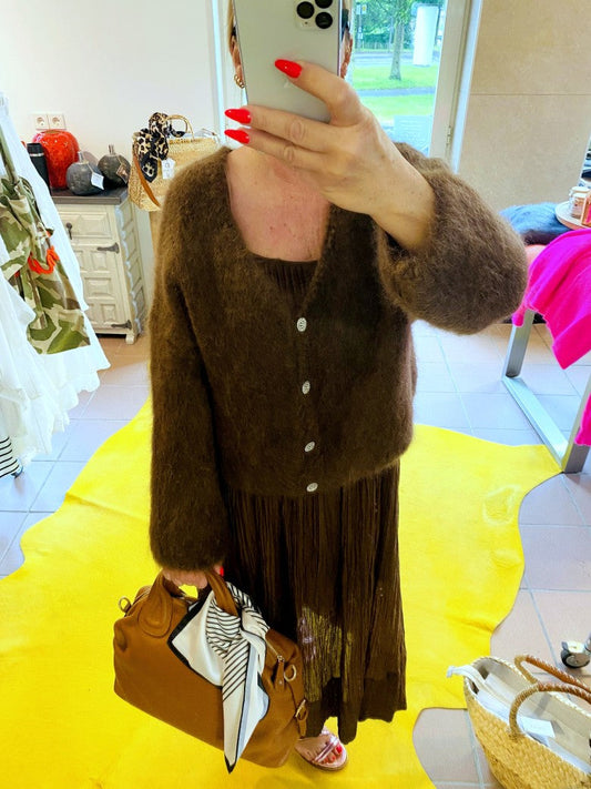 Cardigan Strickjacke Mohair 80% Kaffee Braun mit glitzernden Silberknöpfen One Size 30030