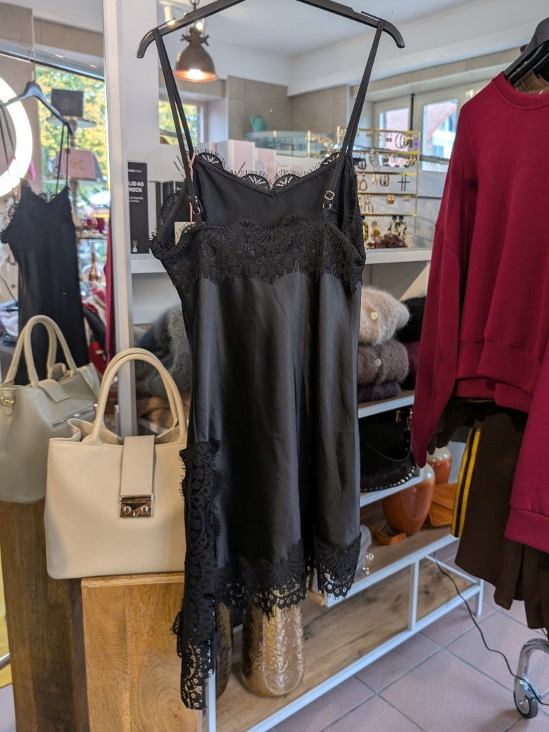 Kleid Satin asymmetrisch mit Spitze Schwarz One Size N1895