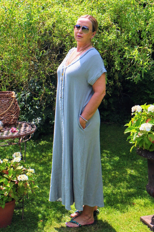 Kleid Tunika Hippie Kurzarm Grau 50% Leinen 50% Baumwolle One Size